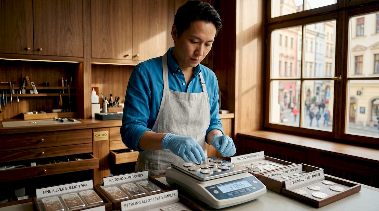 Jeweler weighing silver coins on precision scale