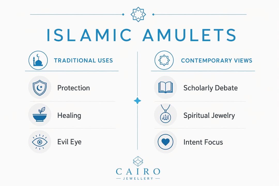 Infographic comparing traditional uses and contemporary views on Islamic amulets