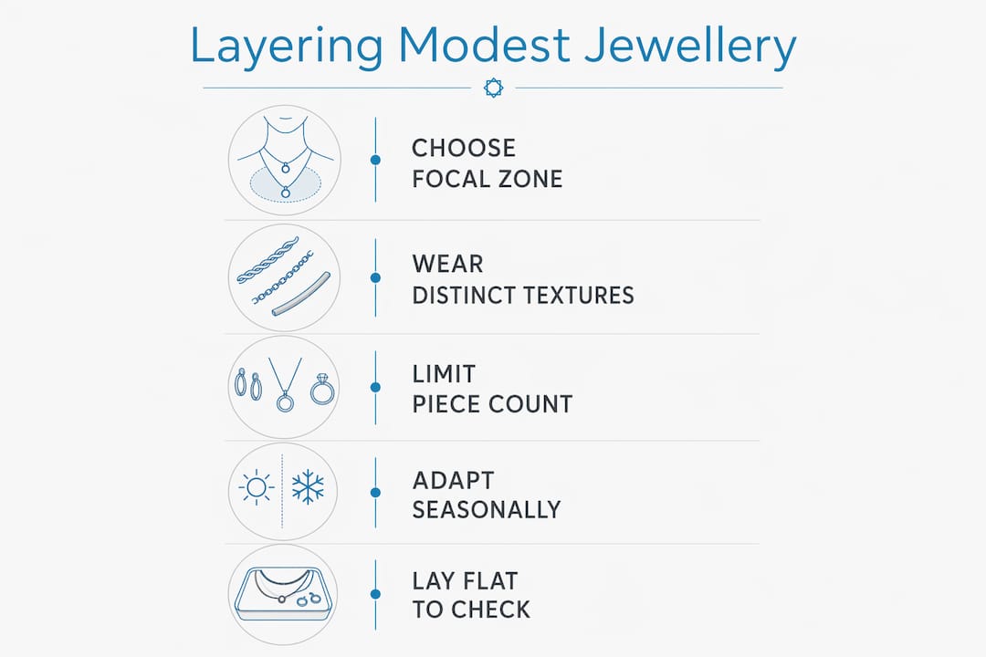 Infographic showing tips for layering modest jewellery