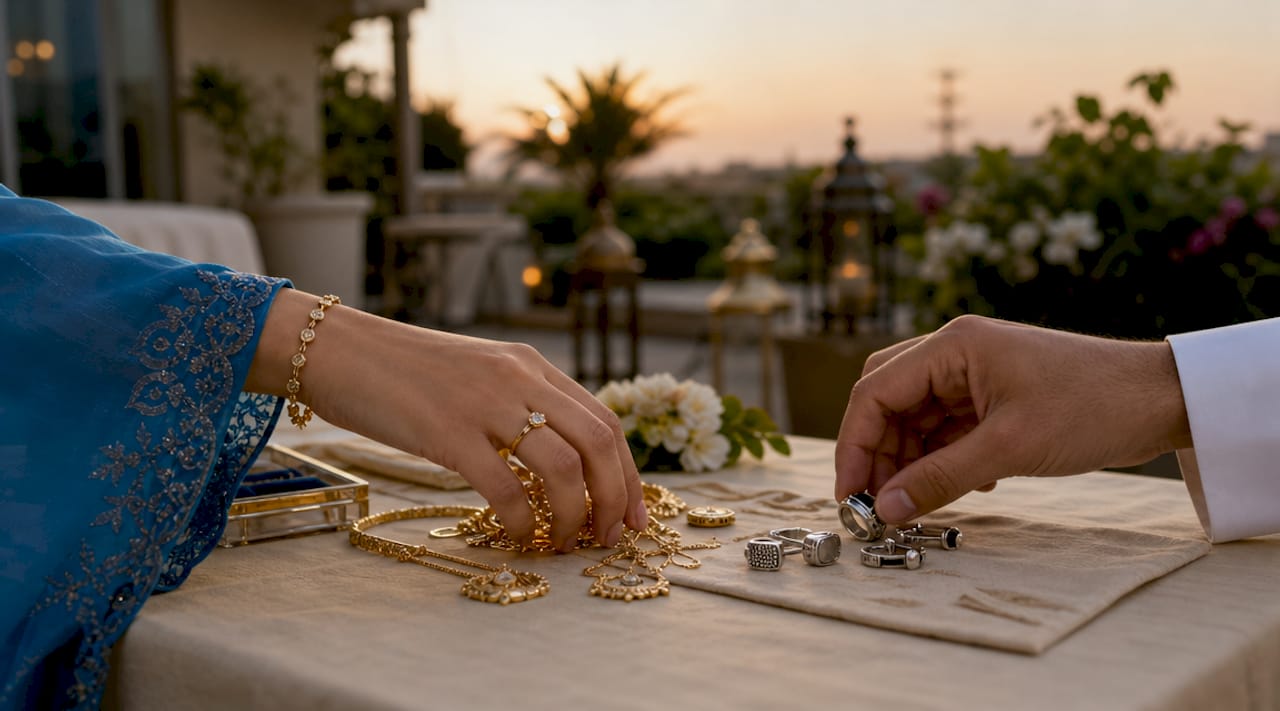 Hands arranging nikah jewellery for men and women