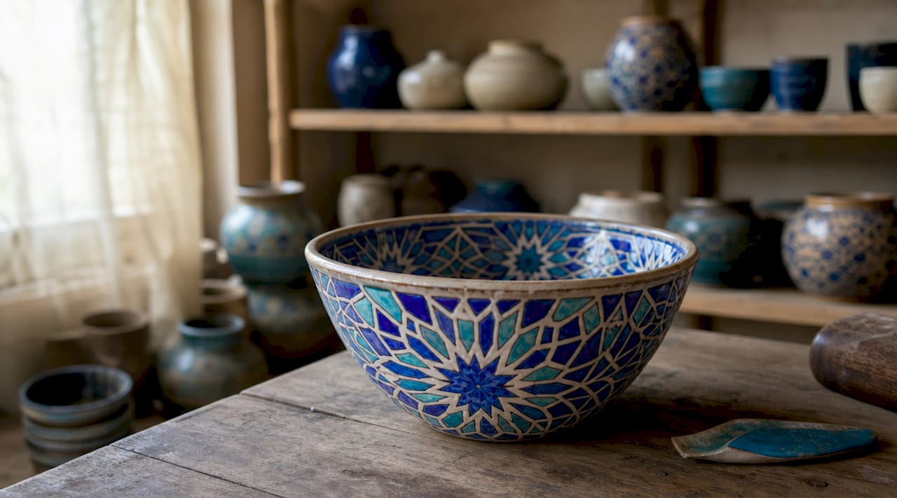 Close-up of ceramic with Islamic geometric patterns