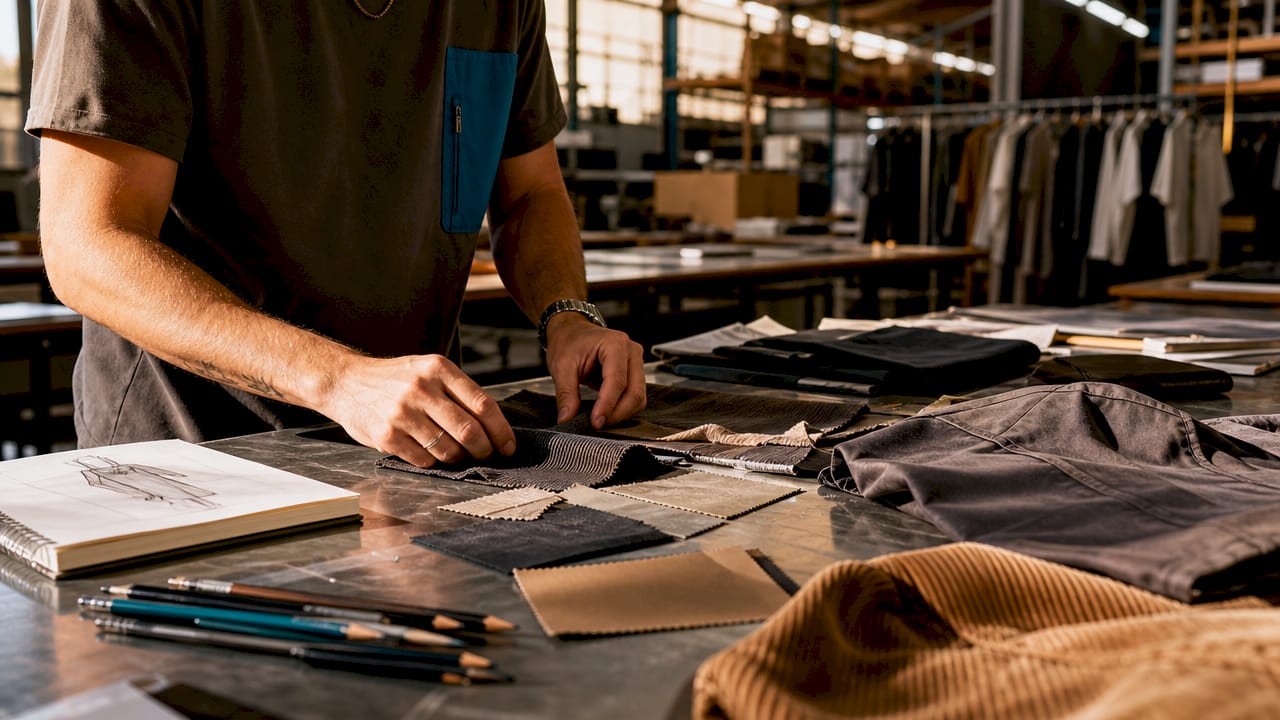 Designer hands arranging streetwear fabric samples