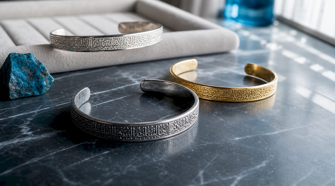 Macro shot of Ayatul Kursi cuff bracelets in three materials