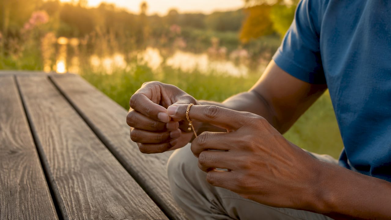 Hands adjusting gold sliding chain ring outdoors