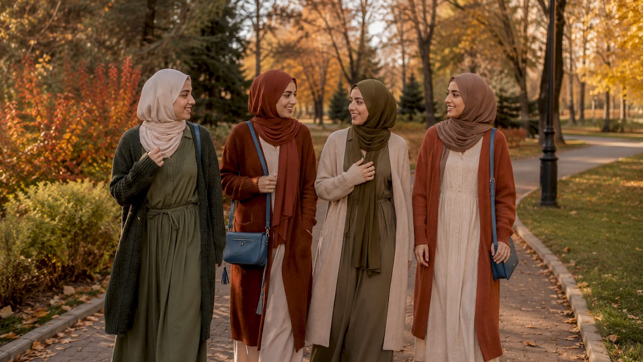 Group of young women walking in modest earth tone fashion