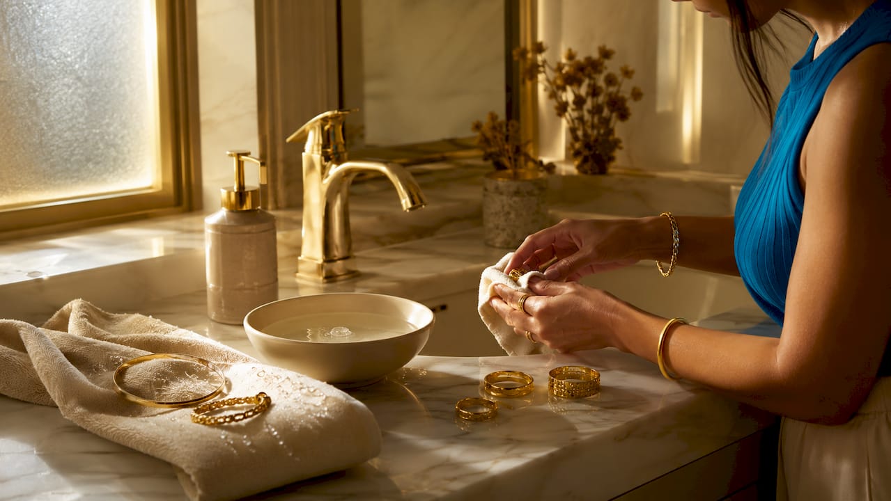 Gold plated jewellery care tools on bathroom counter