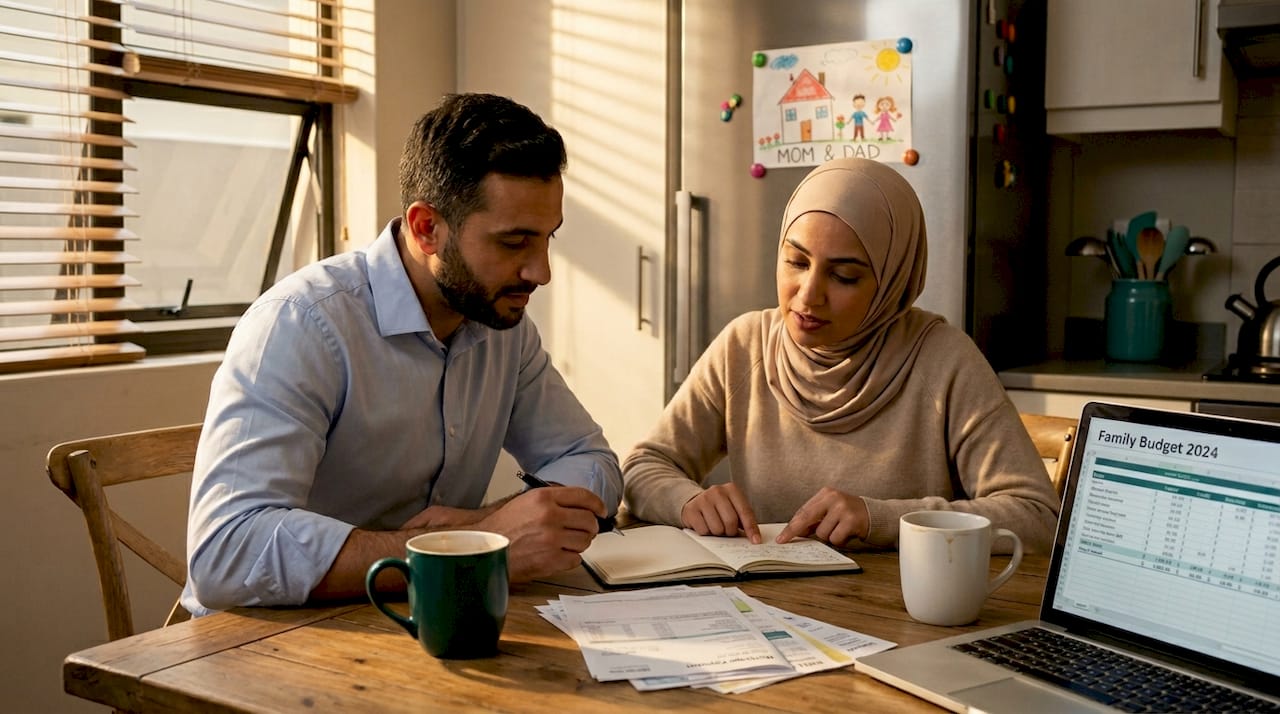 Muslim couple reviewing household budget at kitchen table