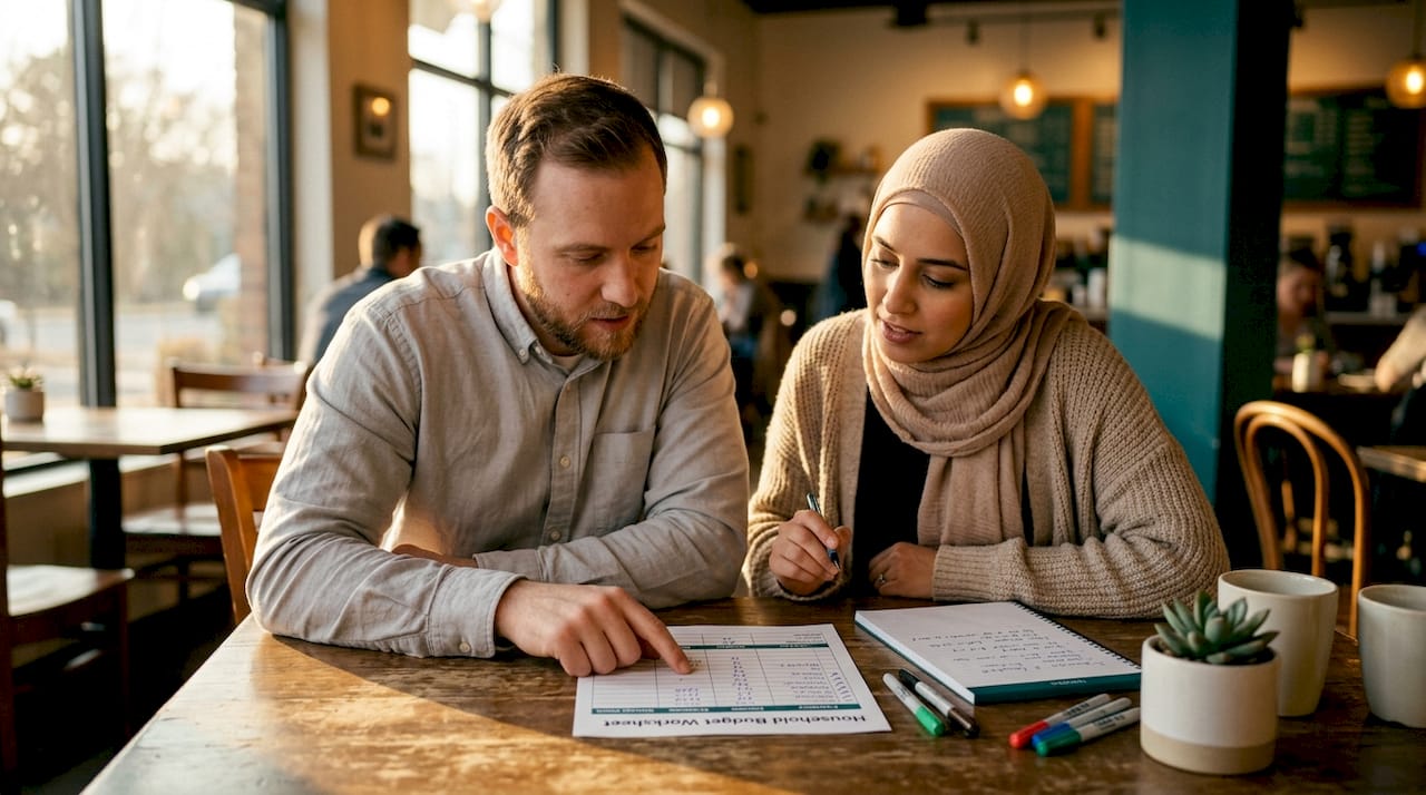 Muslim couple reviewing household budget together