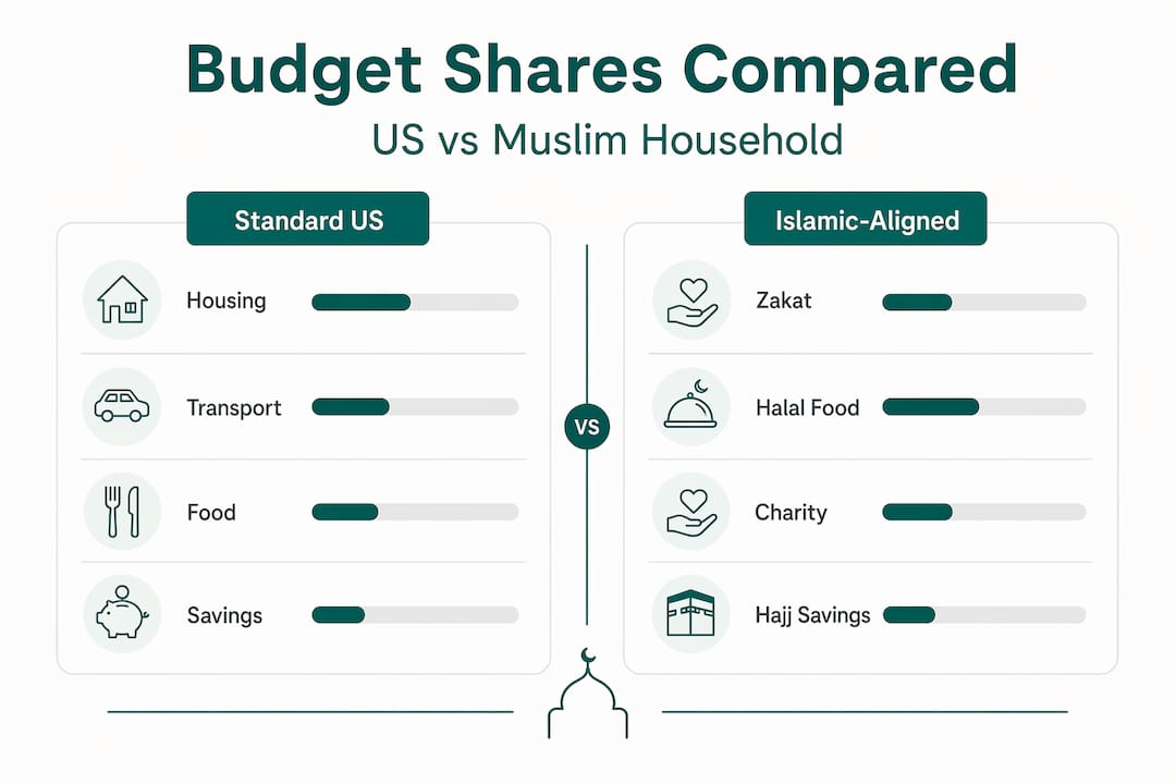 Infographic comparing US and Islamic household budgets