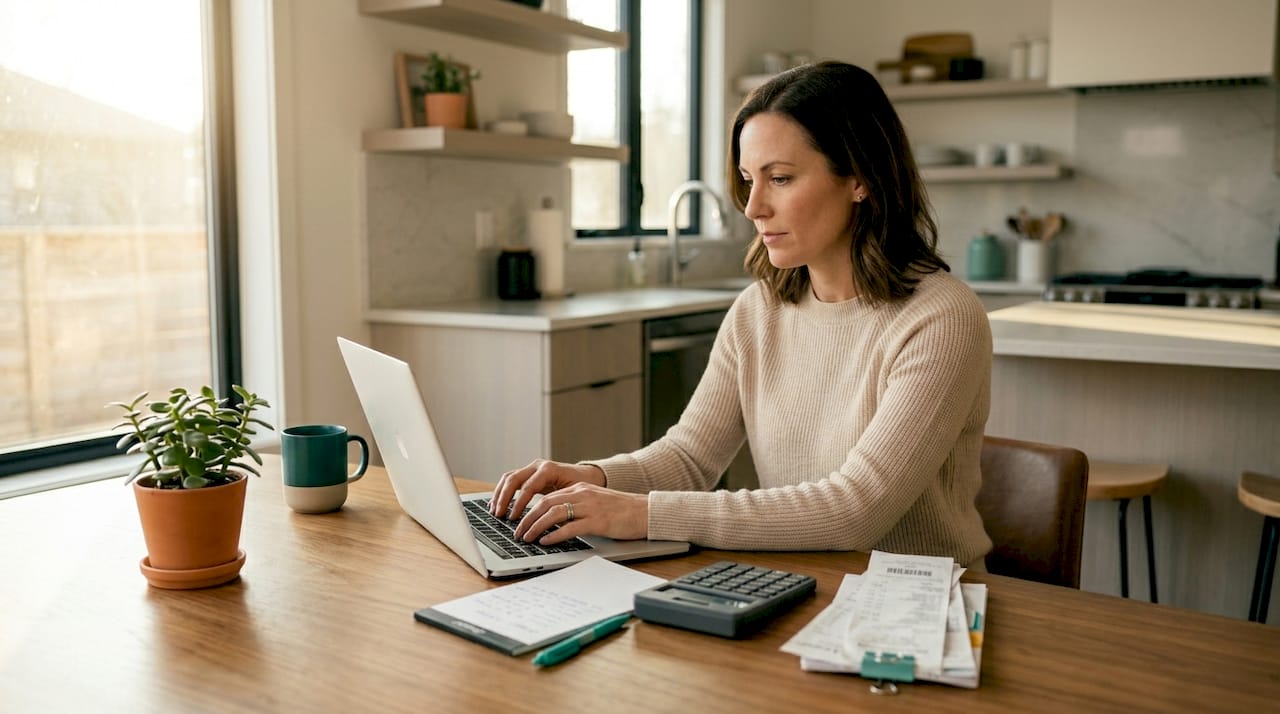 Woman updating budget at kitchen table