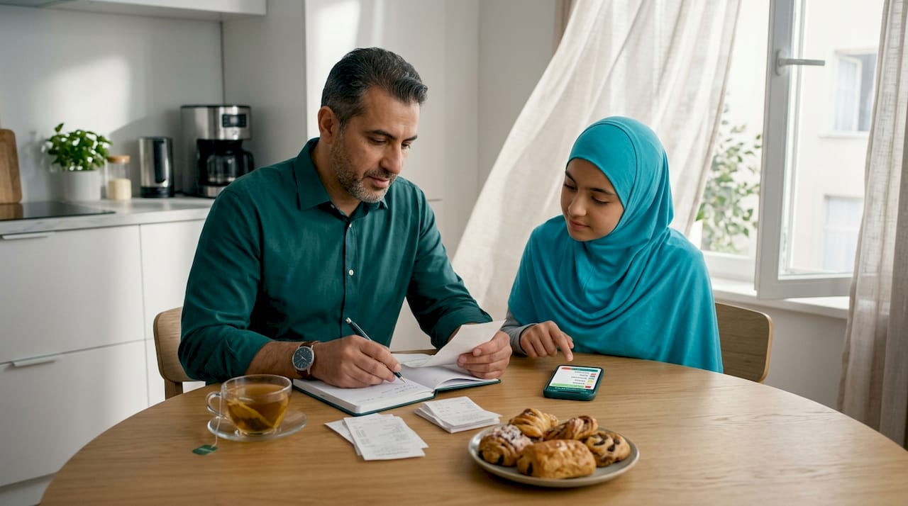 Muslim family budgeting at kitchen table