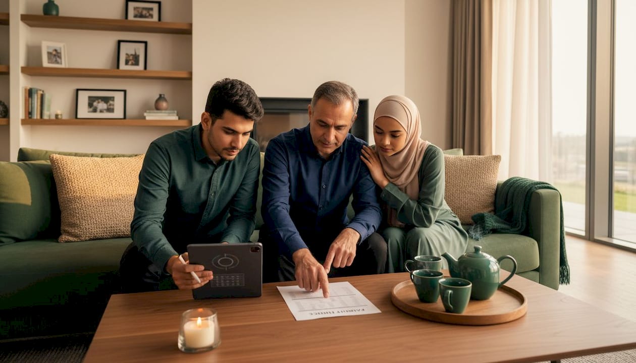 Family reviewing financial documents around table