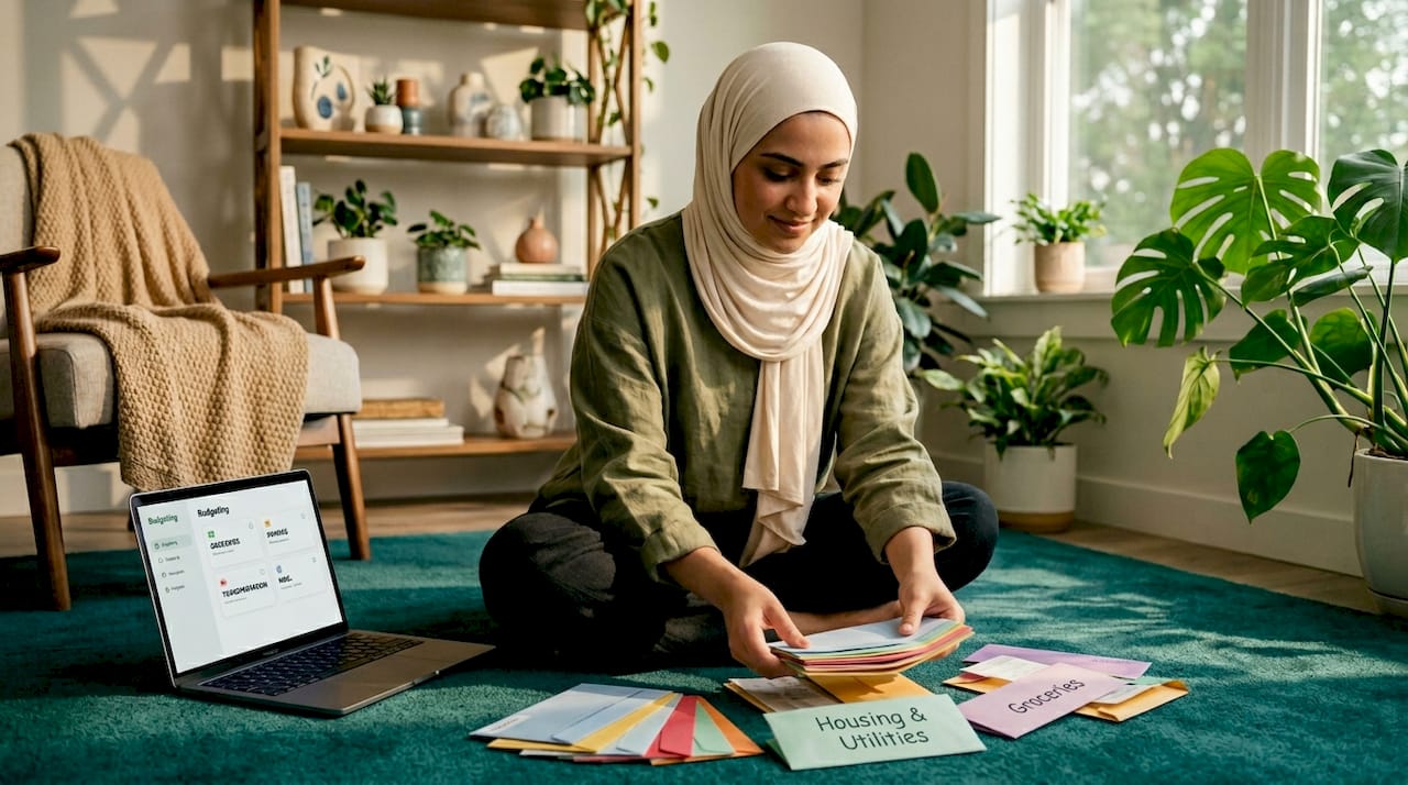Muslim woman managing halal budget with receipts at home