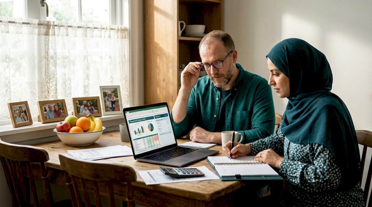 Muslim couple planning finances together at kitchen table