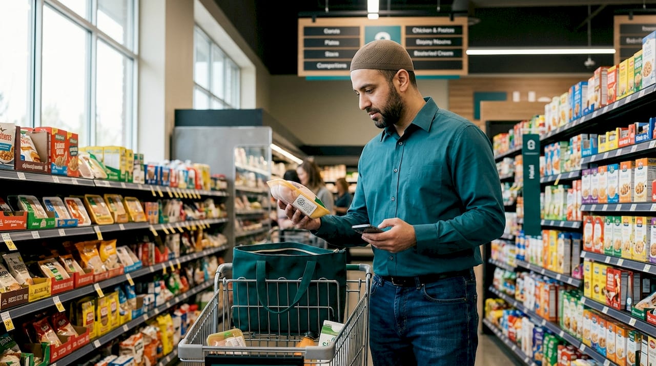 Man checks halal label in grocery store aisle