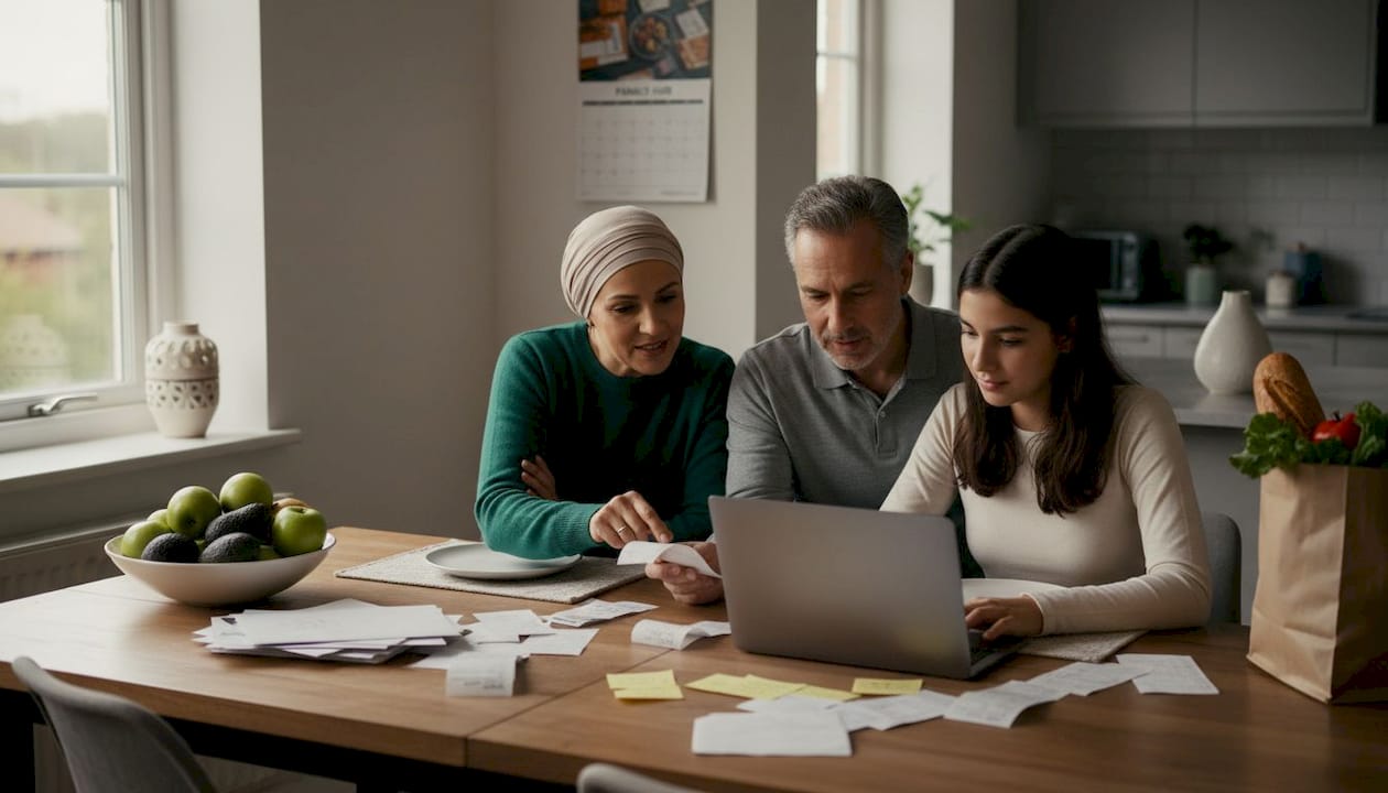 Muslim family discussing household budget around kitchen table