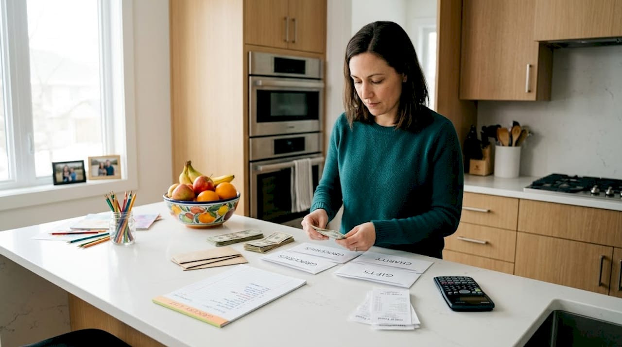 Woman organizing Eid expenses with envelopes in kitchen