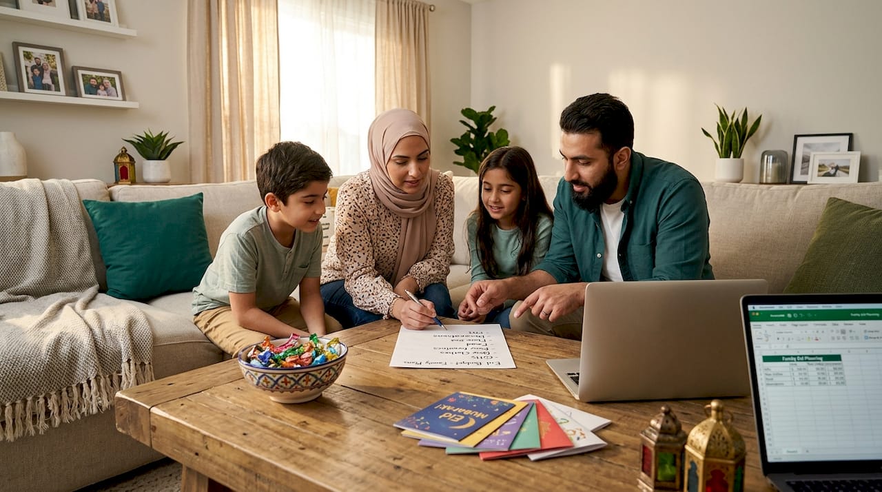 Muslim family planning Eid budget in living room