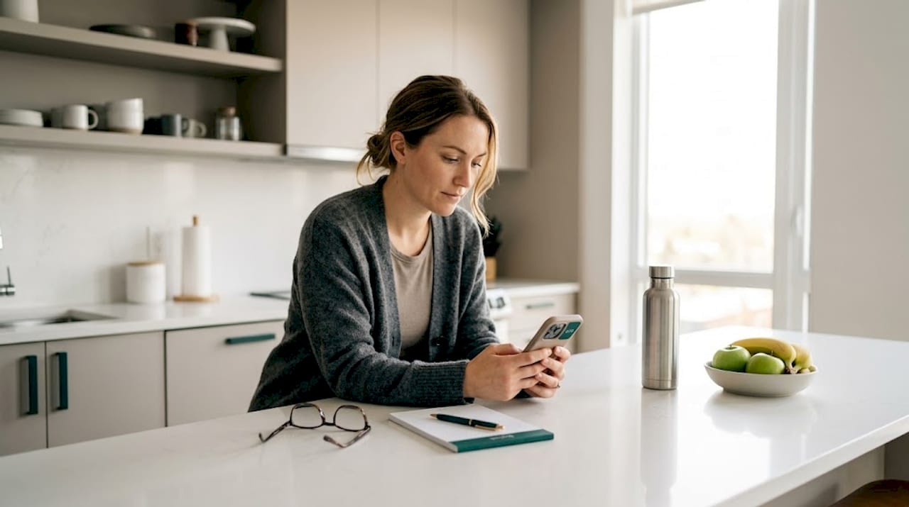 Woman budgeting with expense tracking app at table
