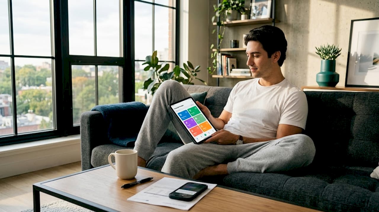 Man checking categorized expenses on tablet