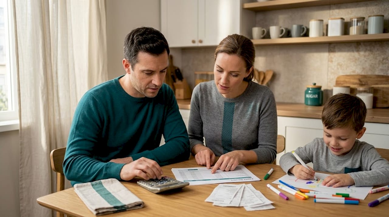 Muslim parents discuss finances at kitchen table