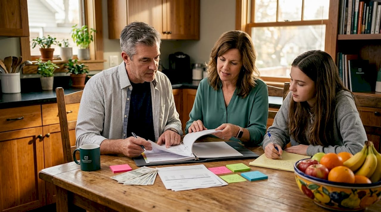 Family reviews trust finances on living room couch