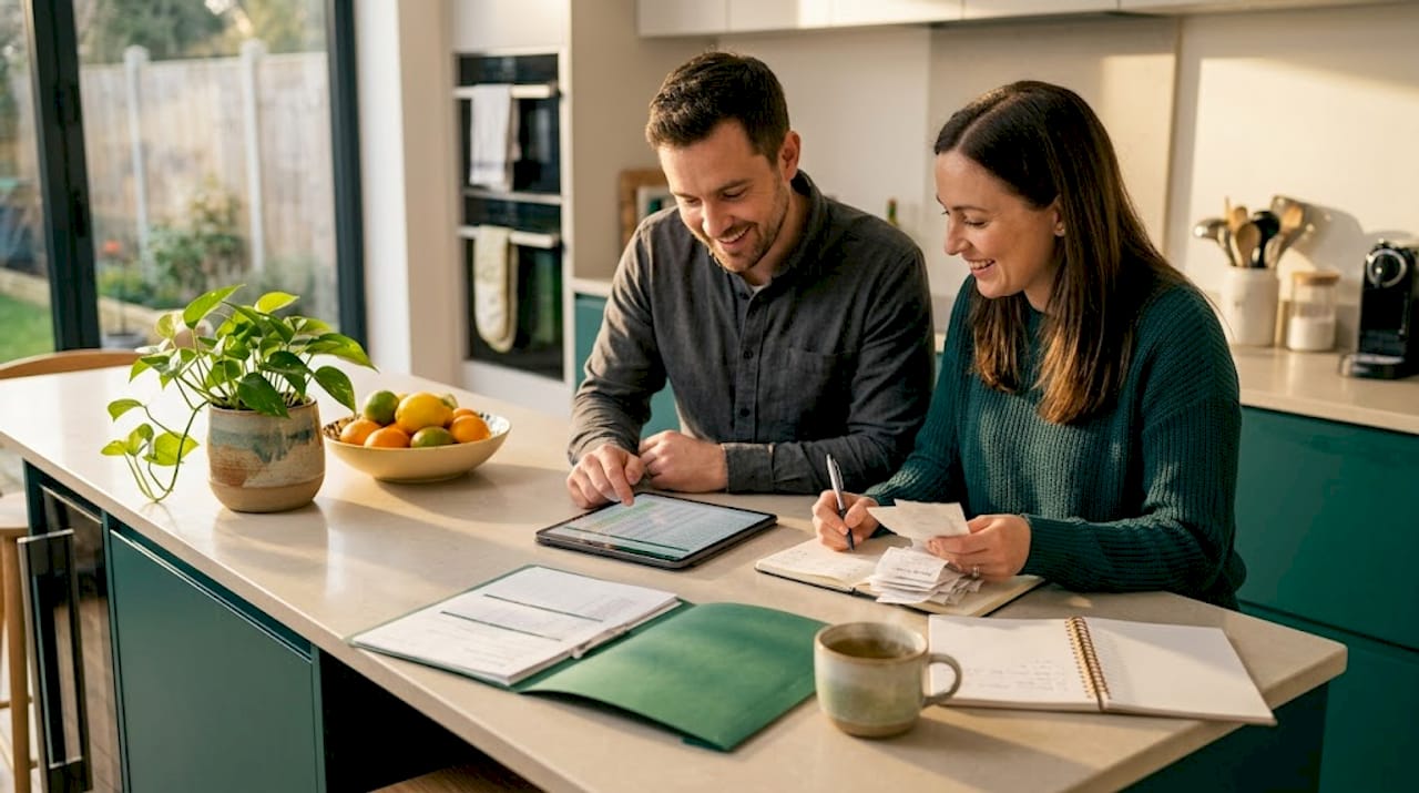 Family tracking spending at home table