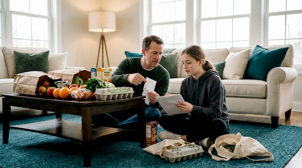 Teen and parent tracking grocery spending together