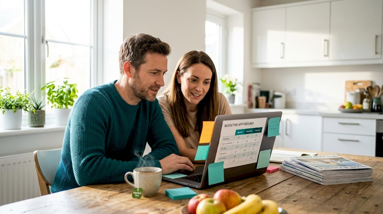 Couple comparing budget apps on laptop