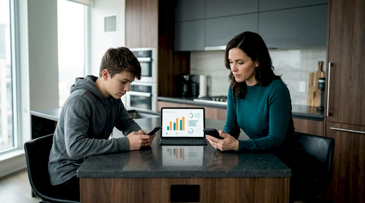 Family using budget app at kitchen table