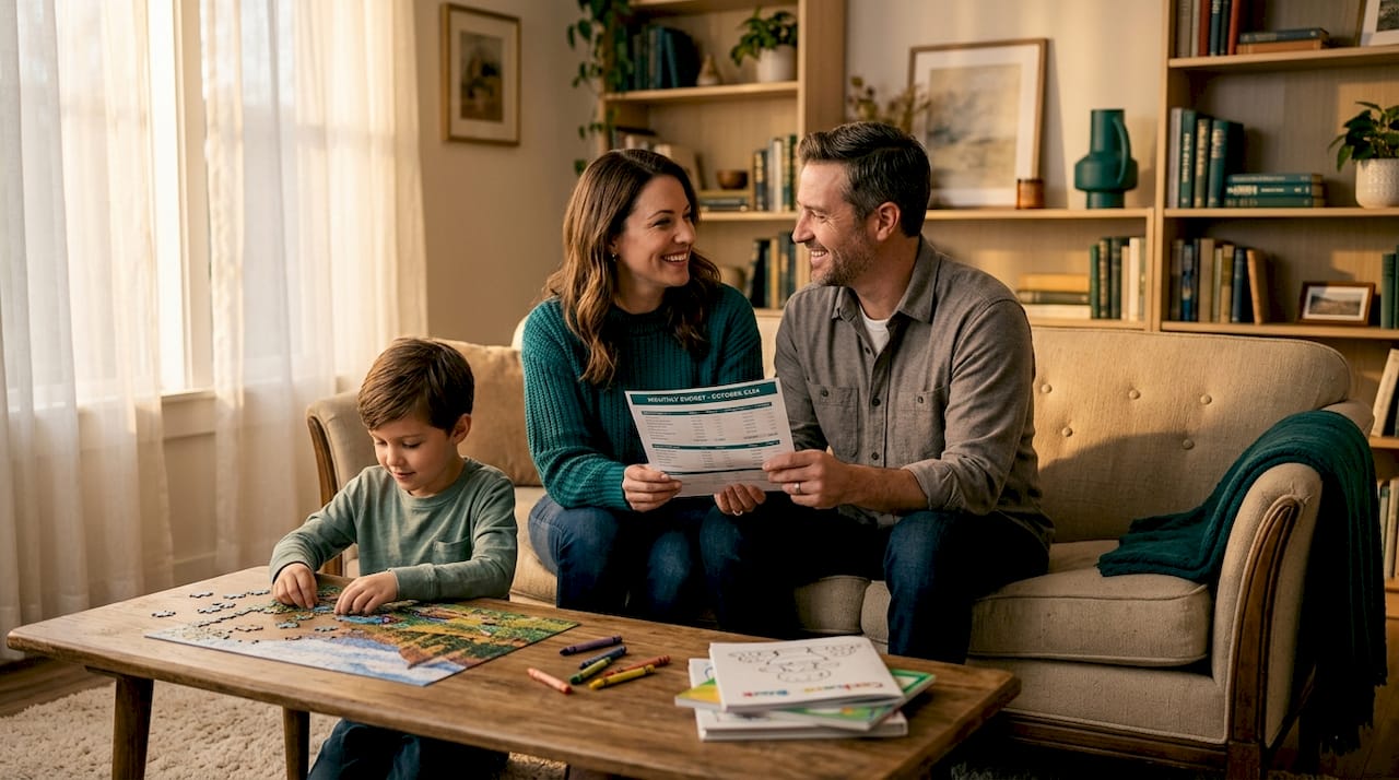 Family reviewing budget together in living room