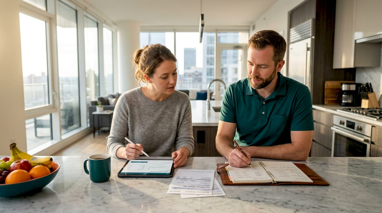 Couple reviewing household budget at kitchen table
