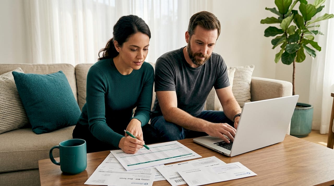 Family reviewing budget at coffee table