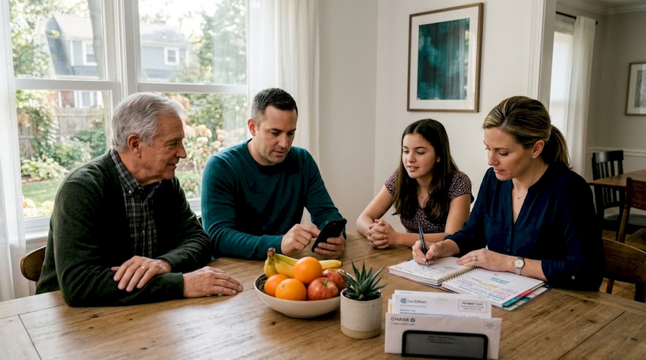 Family reviewing finances together at kitchen table