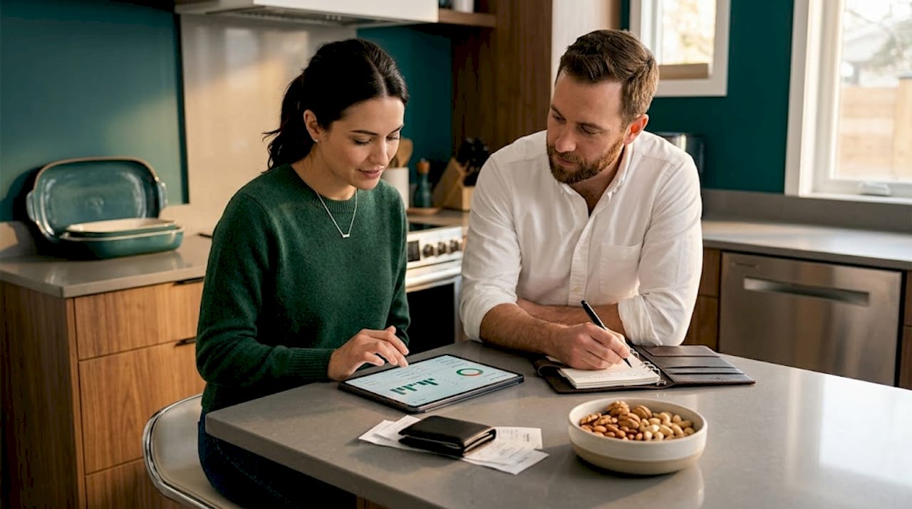 Couple using family budget app together