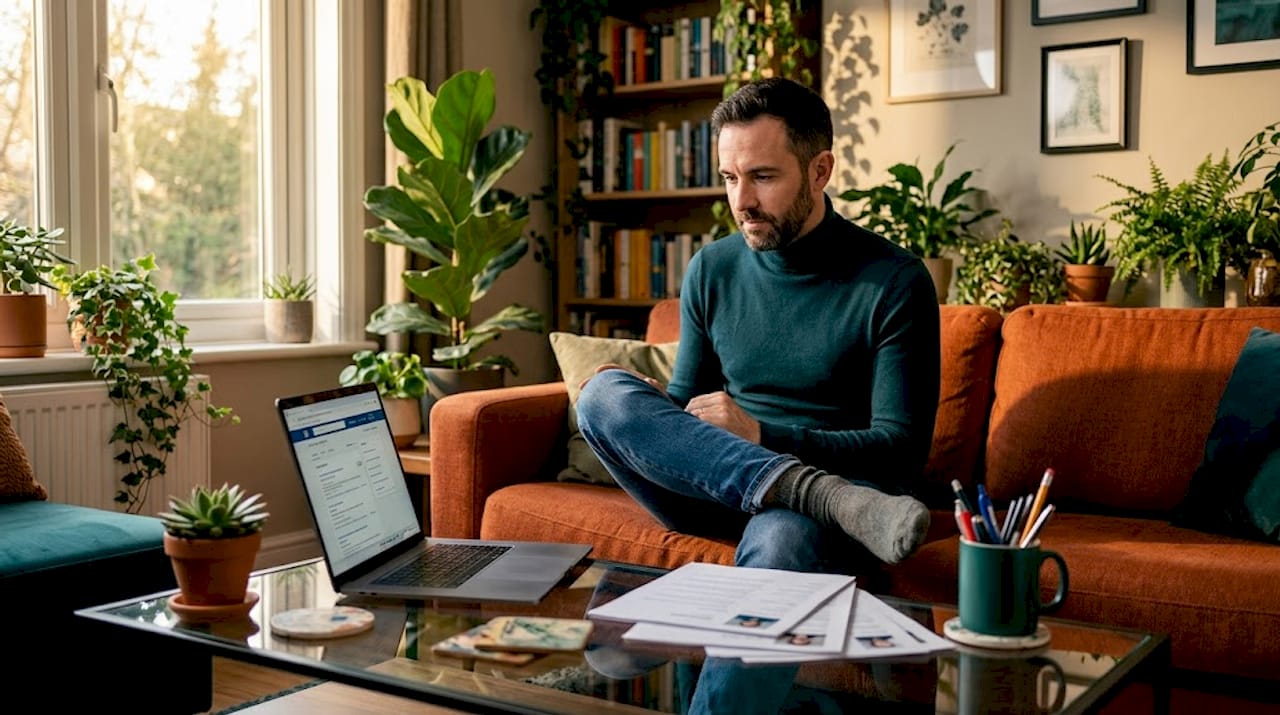 Man searching for jobs at home