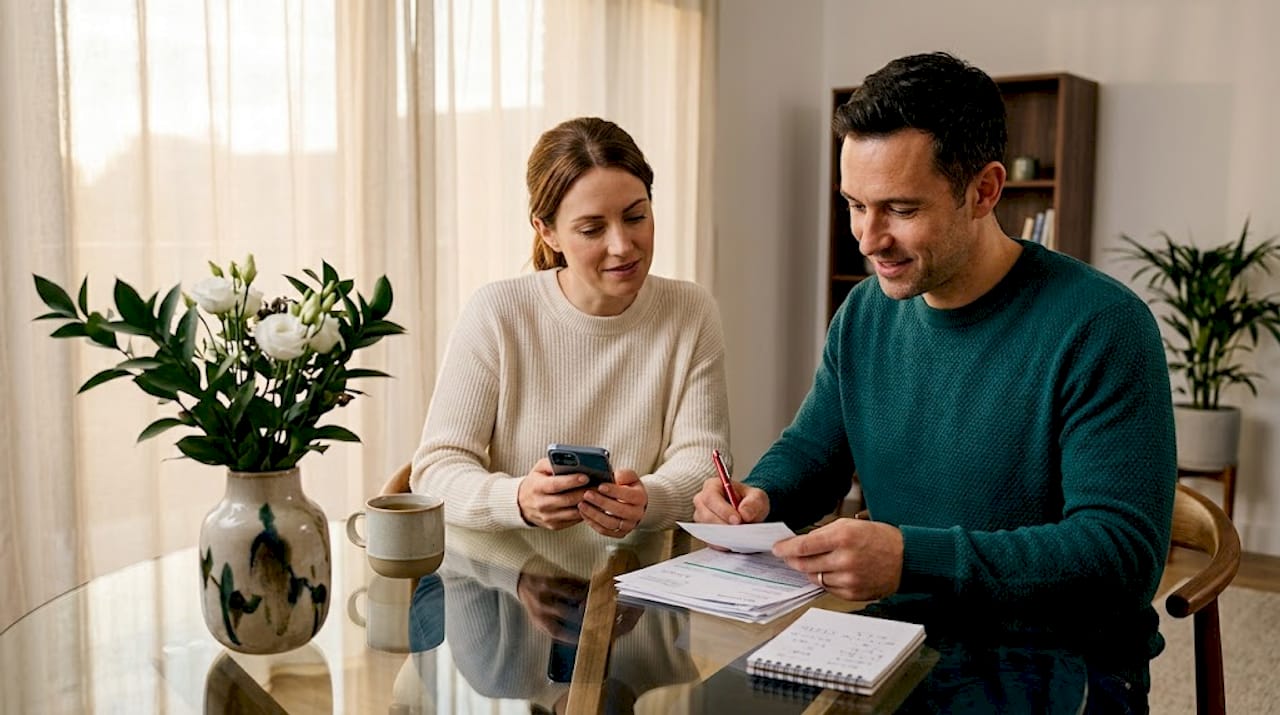 Couple reviewing finances at kitchen table