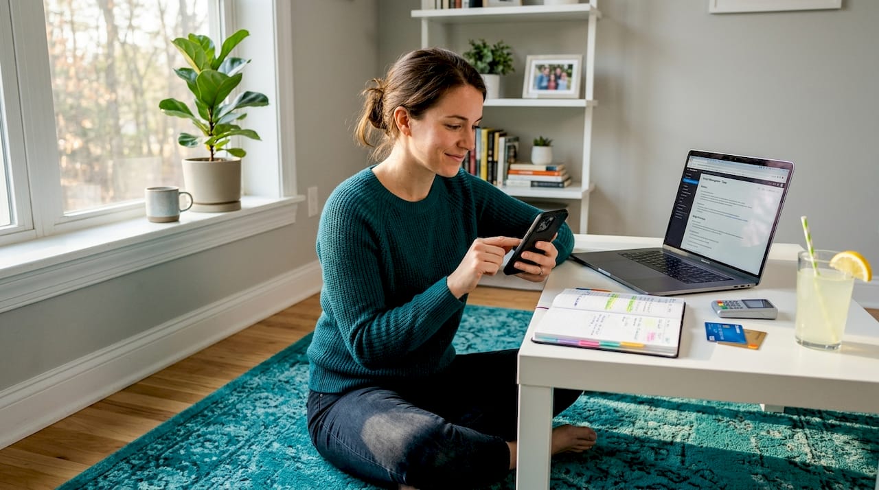 Woman linking bank to budgeting app at home