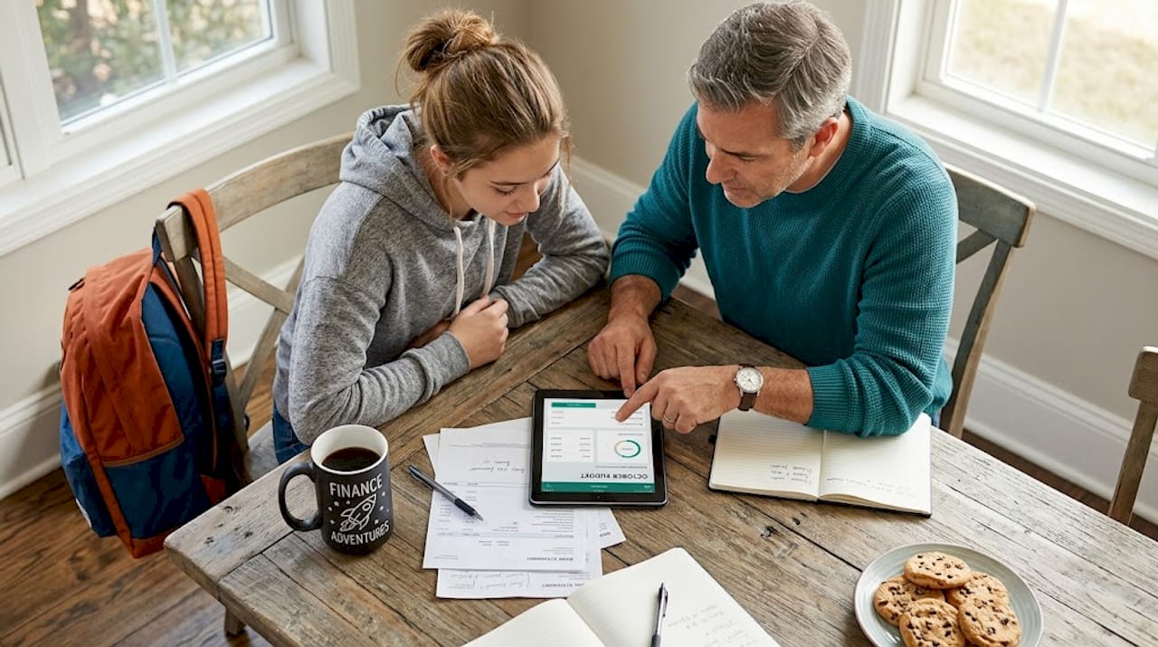 Family reviewing finances with budgeting app