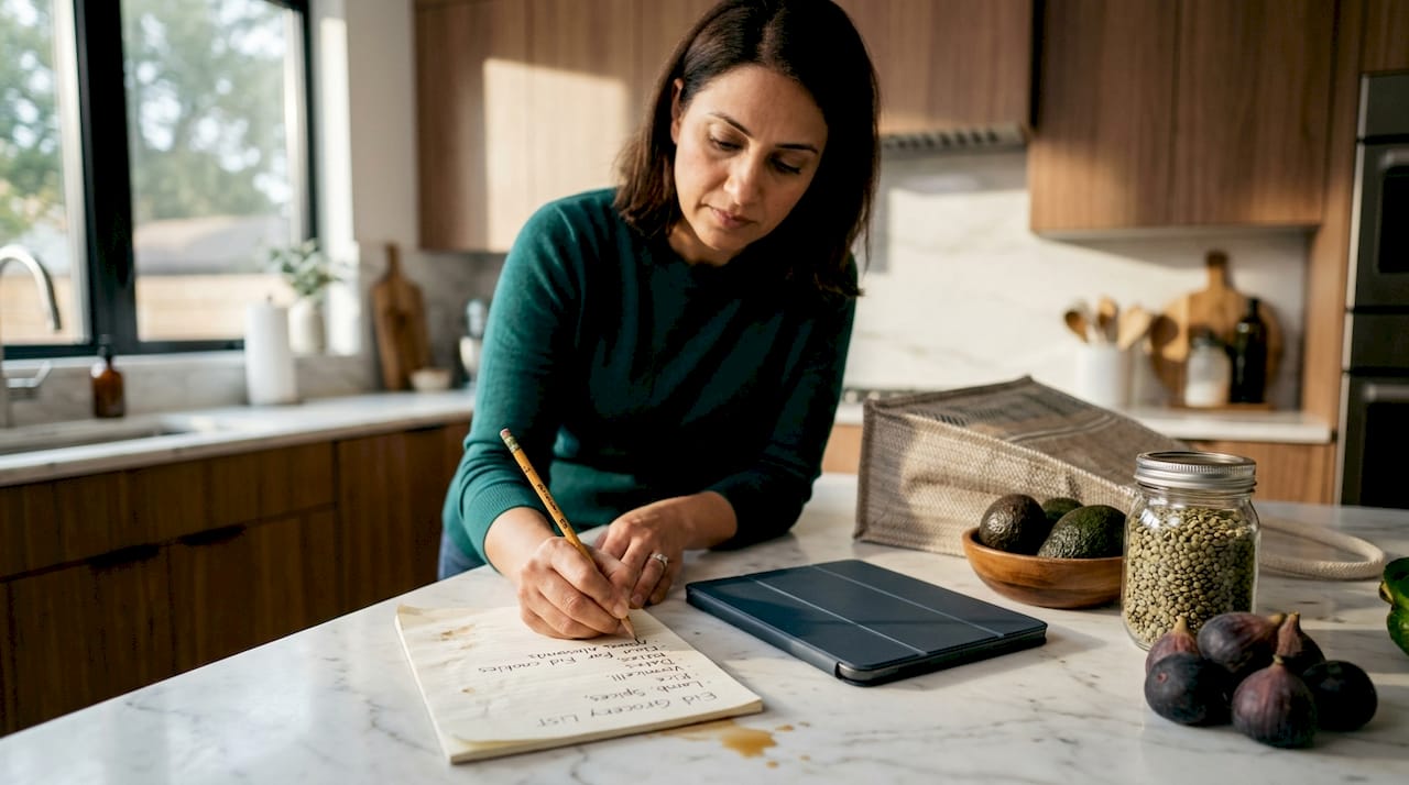Person making Eid grocery list kitchen