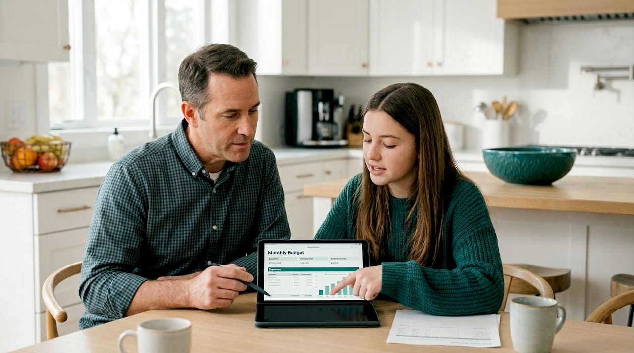 Father and daughter discussing family budget on tablet