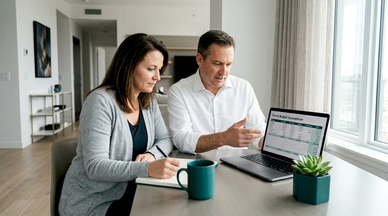 Couple reviewing family budget at kitchen table