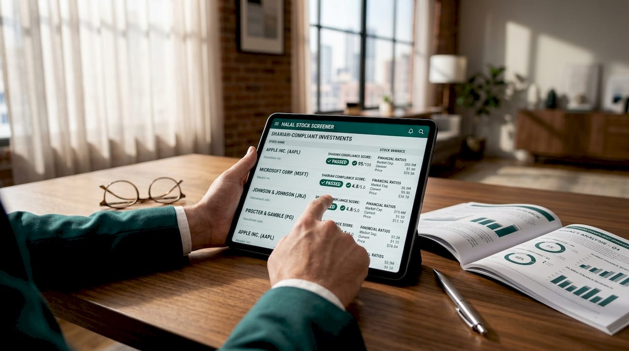 Hands browsing halal stock screening app on tablet