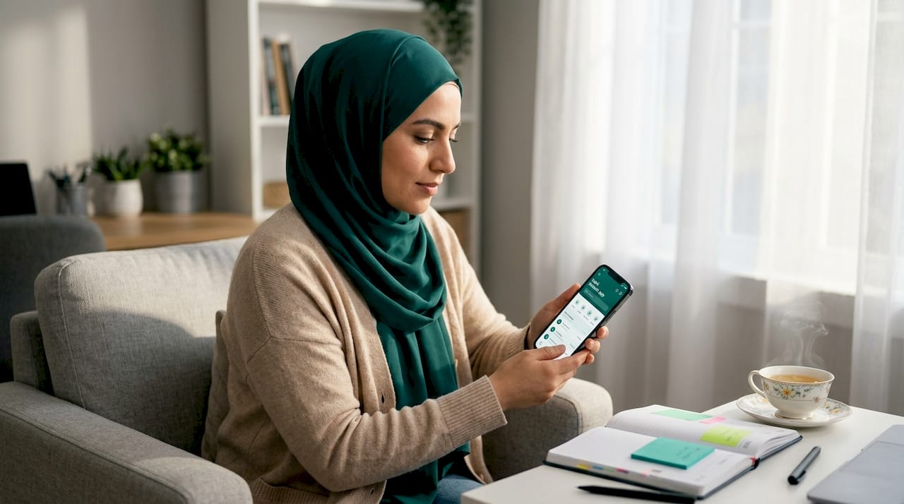 Muslim woman using halal fintech app at home