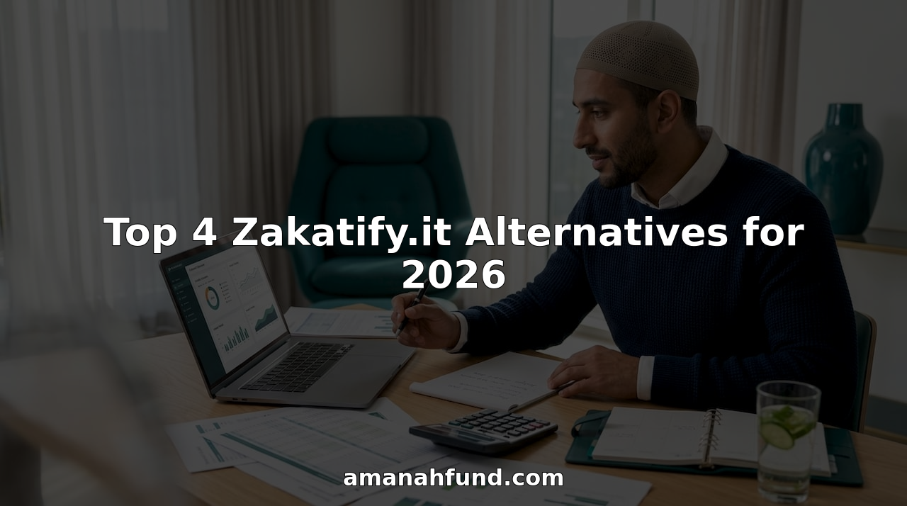 User reviewing Islamic finance apps at home office desk