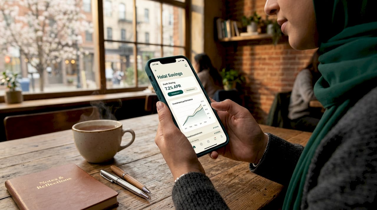 Hands holding phone showing halal savings app