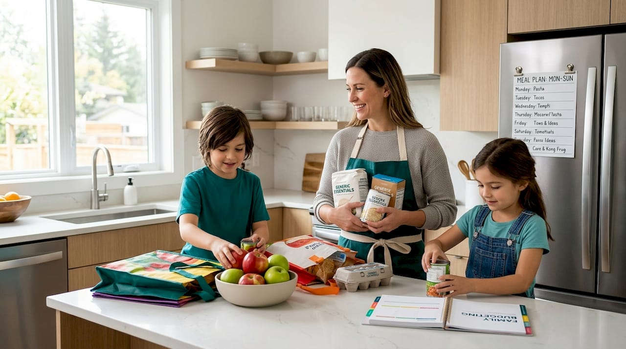 Family packing groceries to save money