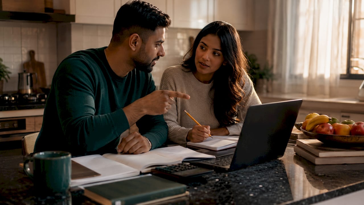 Young couple discussing joint budgeting options