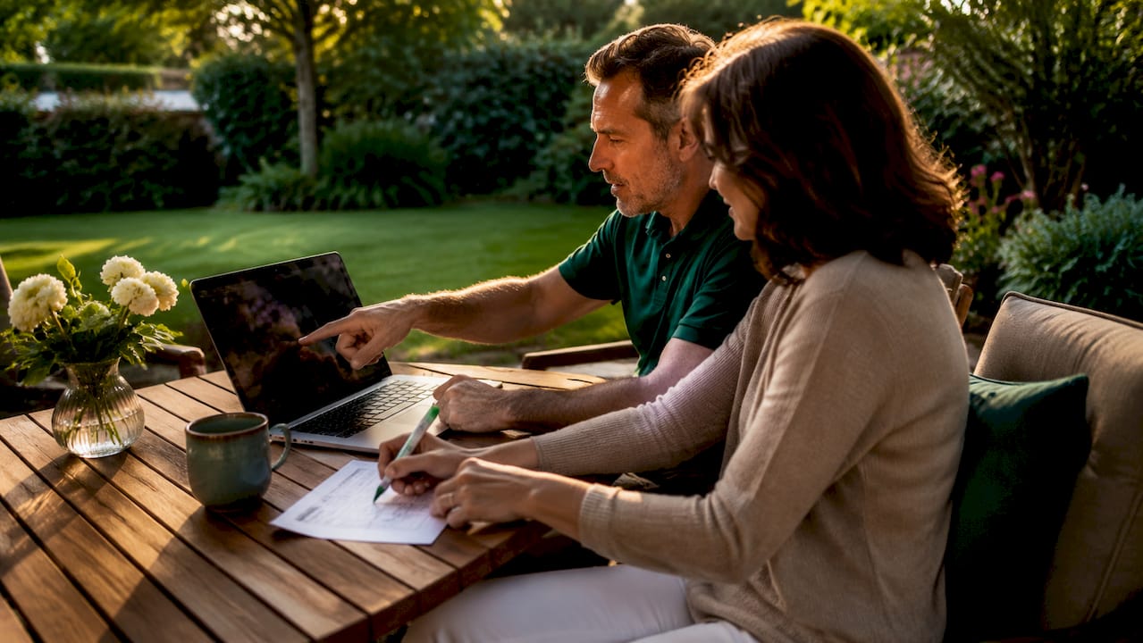 Couple collaborating on joint budgeting at home