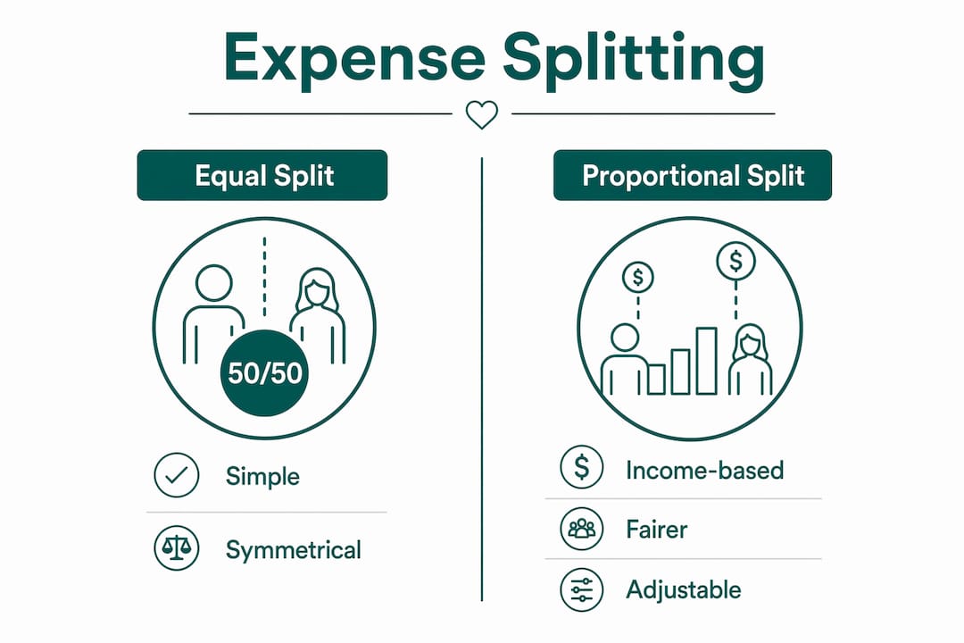 Infographic comparing expense splitting methods for couples